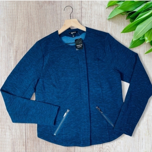 NWT Torrid Blue Knit Moto Jacket Size 0X 12/14 - Picture 2 of 7